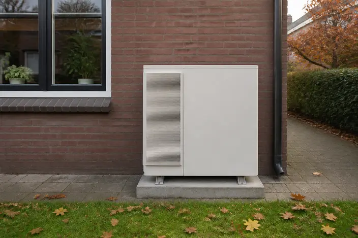 AI-beeld: een witte buitenunit van een warmtepomp op een lage voet naast een bakstenen huis, met herfstbladeren op het gras