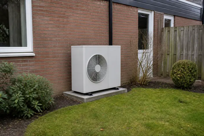 AI-beeld: een witte buitenunit van een warmtepomp op een lage betonnen voet naast de bakstenen muur van een huis, met gras en struiken