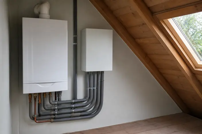 AI-beeld: een witte cv-ketel en een klein wit kastje aan de muur van een zolder met een schuin houten dak, met nette leidingen eronder