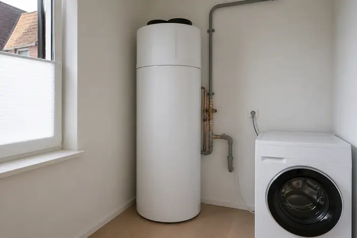 AI-beeld: een hoge witte ronde warmtepompboiler in de hoek van een lichte bijkeuken, naast een wasmachine