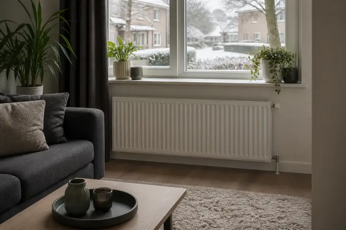 AI-beeld: een rustige woonkamer met een witte radiator onder een raam, een bank en planten, buiten ligt sneeuw